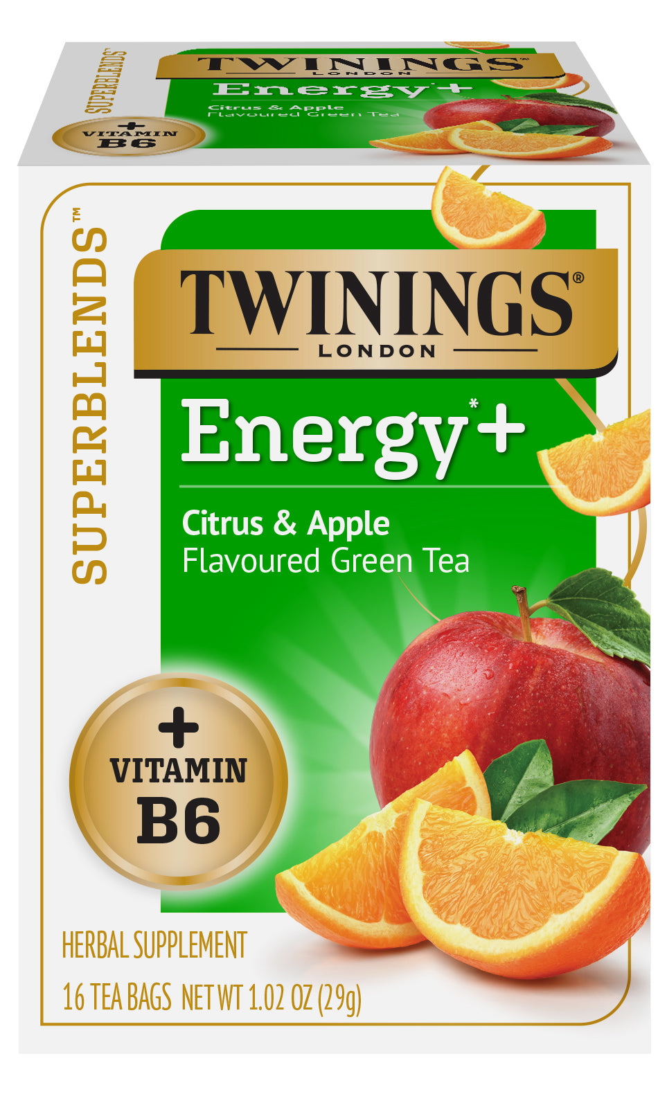 NEW - SUPERBLENDS: Energy+, Citrus & Apple Green Tea, 6/16ct, case