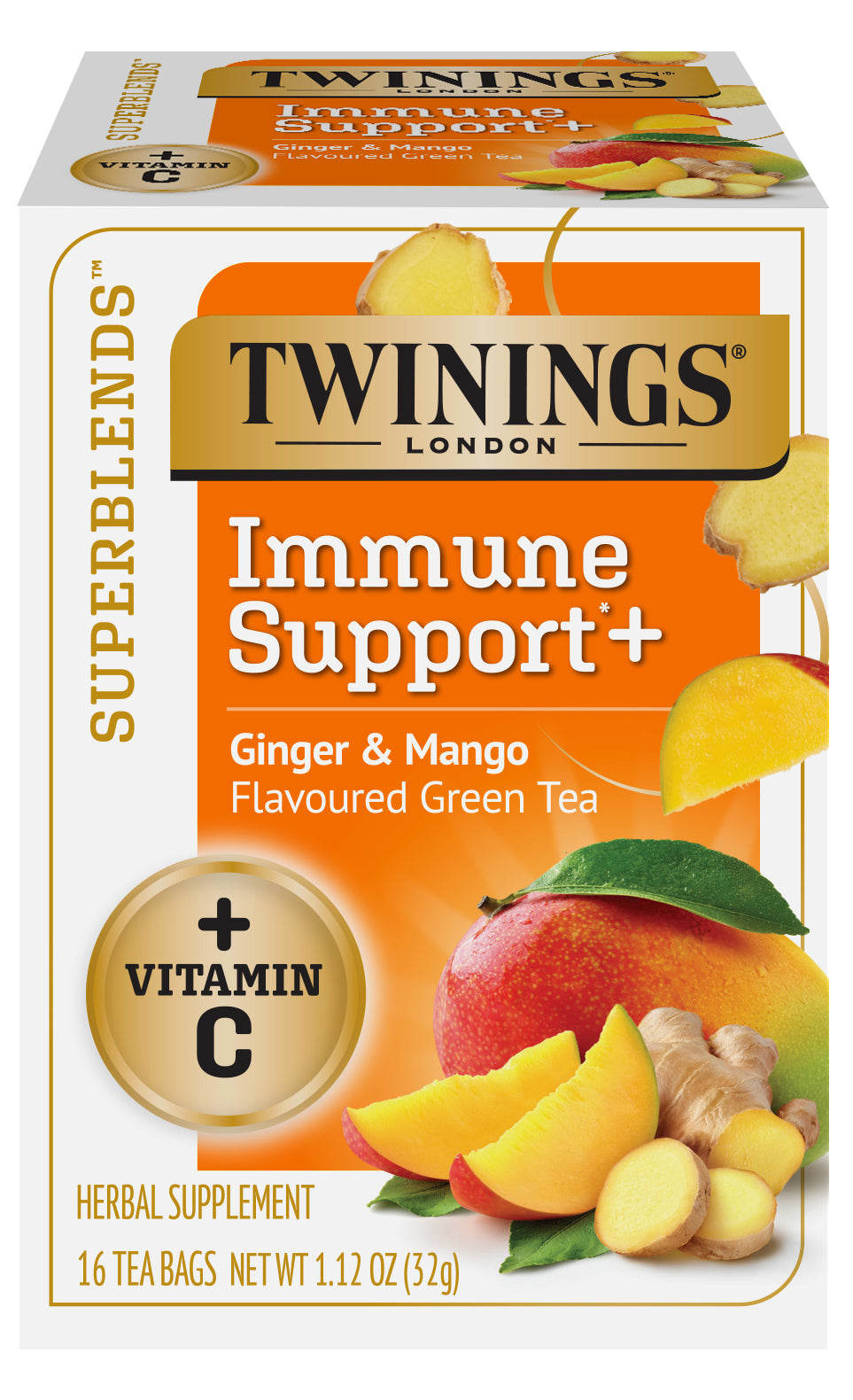 NEW - SUPERBLENDS: Immune Support+, Ginger & Mango Green Tea, 6/16ct, case