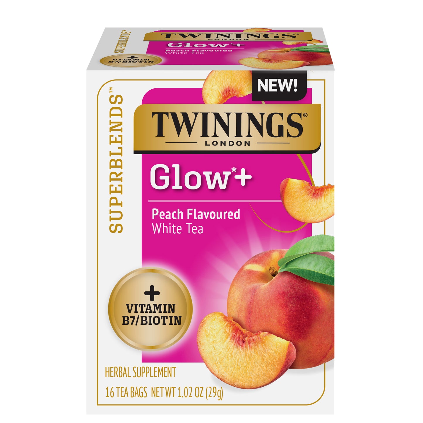 NEW - SUPERBLENDS: Glow+, Peach Flavoured White Tea, 6/16ct, case